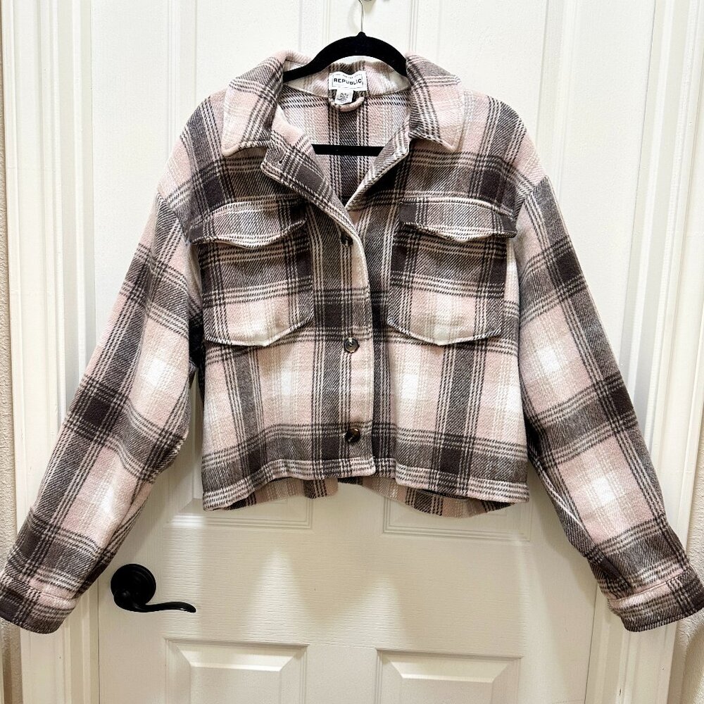 For The Republic Women's Flannel Cropped Jacket Size XL Plaid Brown Boho Chic